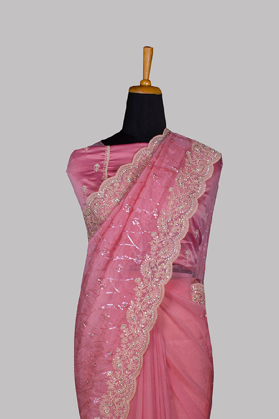 Pink Organza Satin Silk Cord Work Saree with Unstitched Blouse