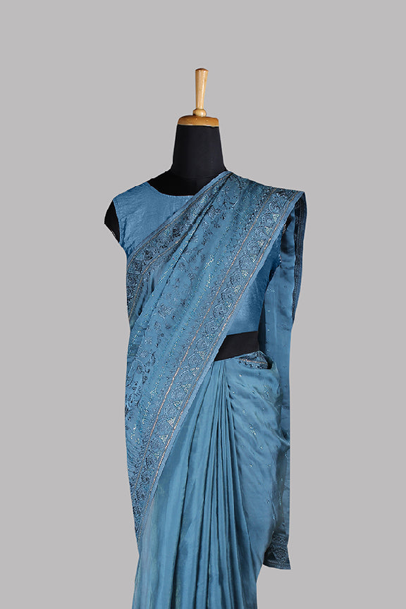 Blue Organza Satin Silk Thread work Saree with Unstitched Blouse