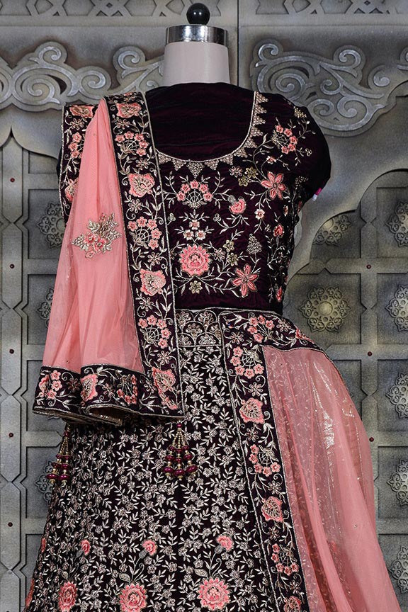 Wine Velvet Embroidered Semi Stitched Lehenga Choli with Dupatta