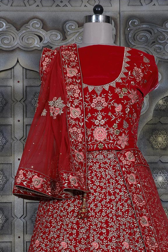 Red Velvet Embroidered Semi Stitched Lehenga Choli with Dupatta