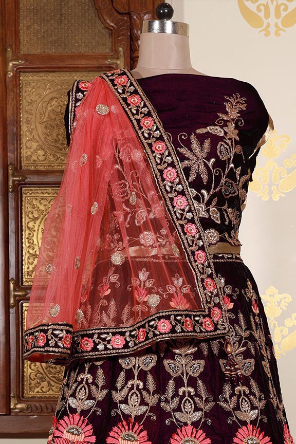 Purple Velvet Embroidered Semi Stitched Lehenga Choli with Dupatta