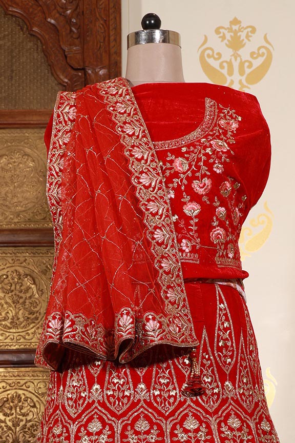 Red Velvet Embroidered Semi Stitched Lehenga Choli with Dupatta