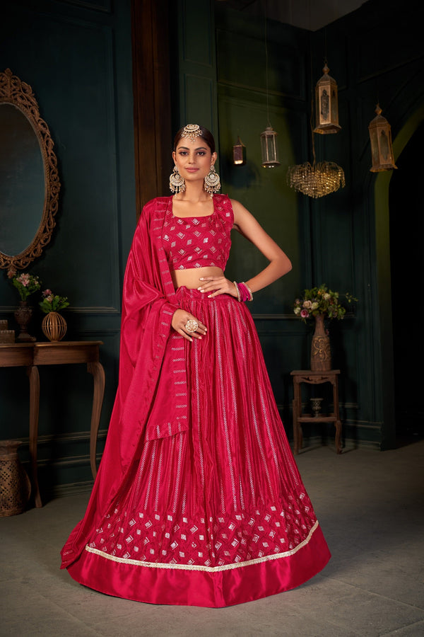 Women's Red Chinon Embroidery Lehenga Choli Set - Dwija Fashion