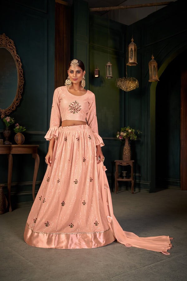 Women's Peach Georgette Embroidery Lehenga Choli Set - Dwija Fashion