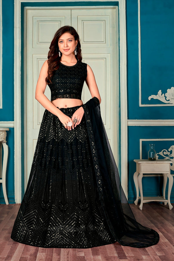 Women's Black Net Embroidered Lehenga Choli Set - Dwija Fashion