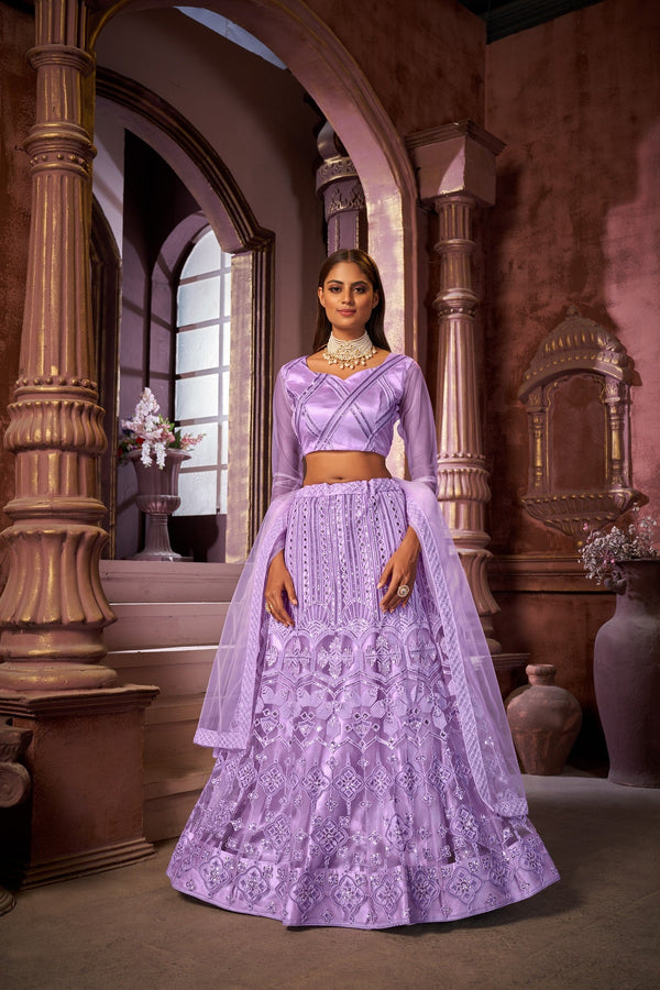 Women's Purple Net Embroidered Lehenga Choli Set - Dwija Fashion