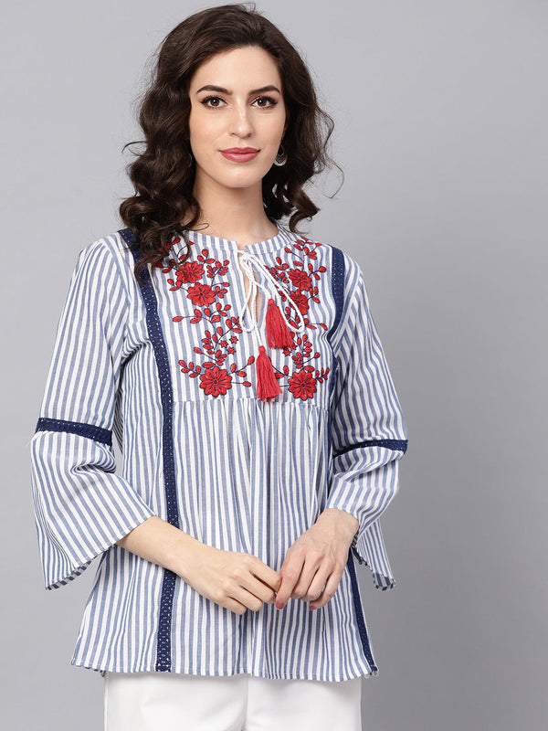 Jashvi Blue & White Striped Embroidered Top