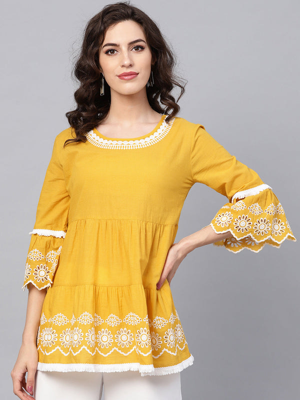 Jashvi Mustard Yellow & White Embroidered Cotton Top