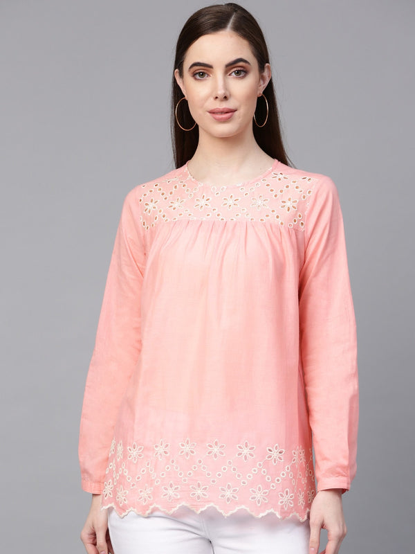 Jashvi Women Pink Embroidered Detail Pure Cotton Top