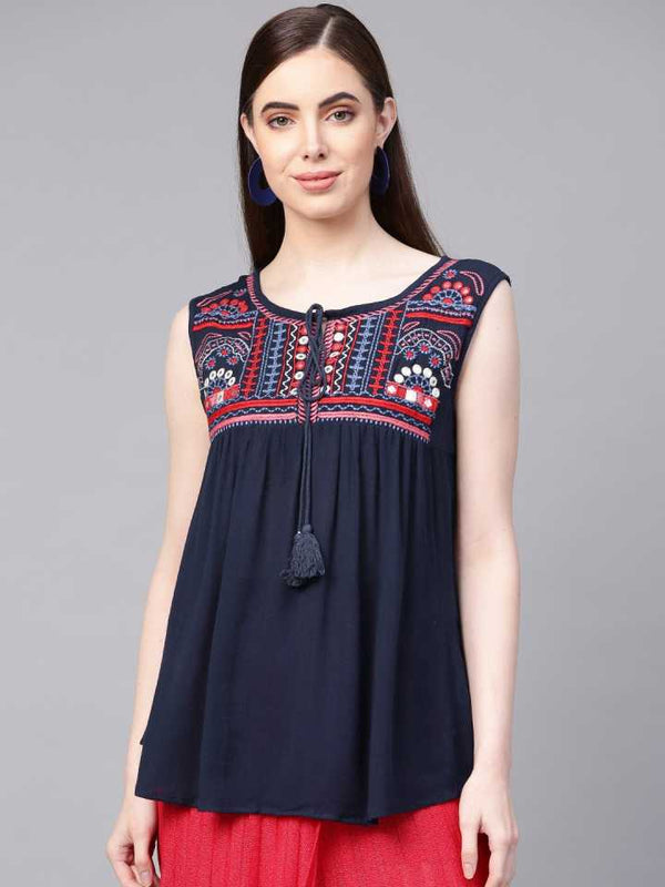 Jashvi Navy Blue Embroidered Top