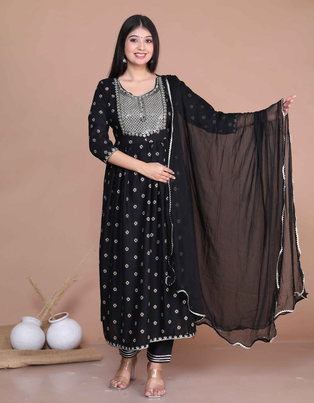 Women's Rayon Black Embroidery Pakistani Nayra/ Aliya Kurta With Palazzo & Dupatta Set - Miravan