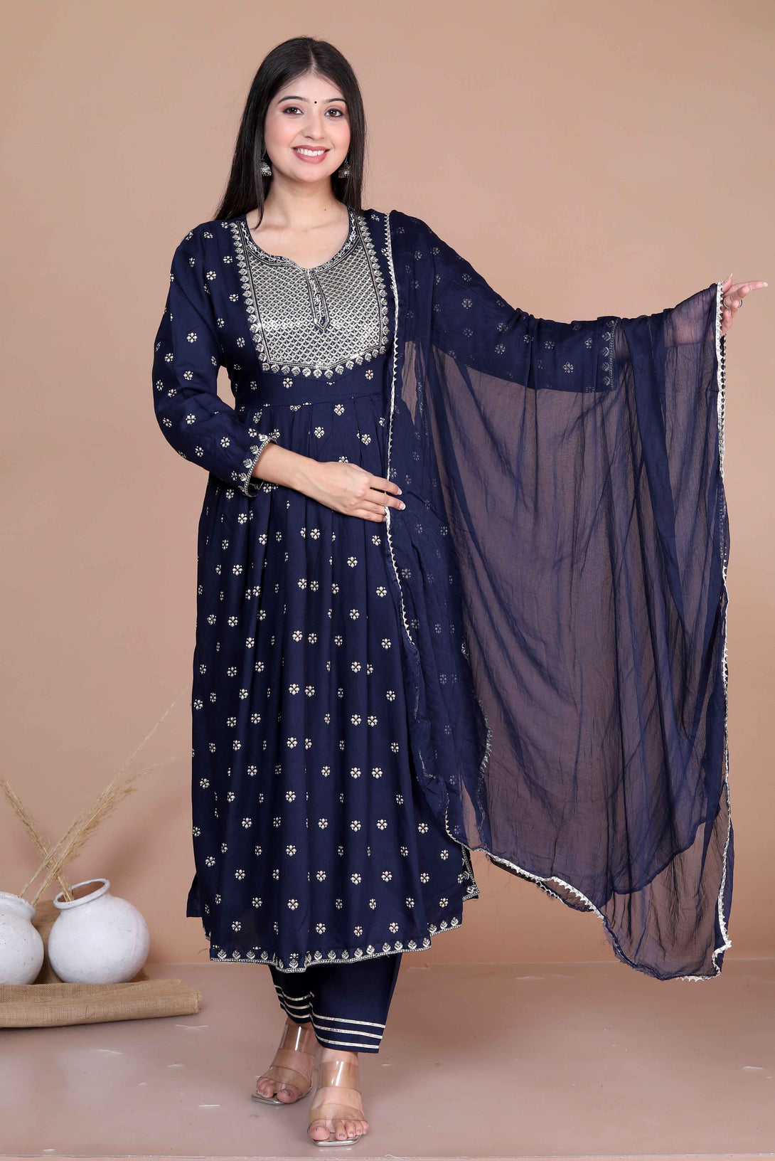 Women's Blue Embroidery Pakistani Nayra Kurta With Palazzo & Dupatta Set - Miravan