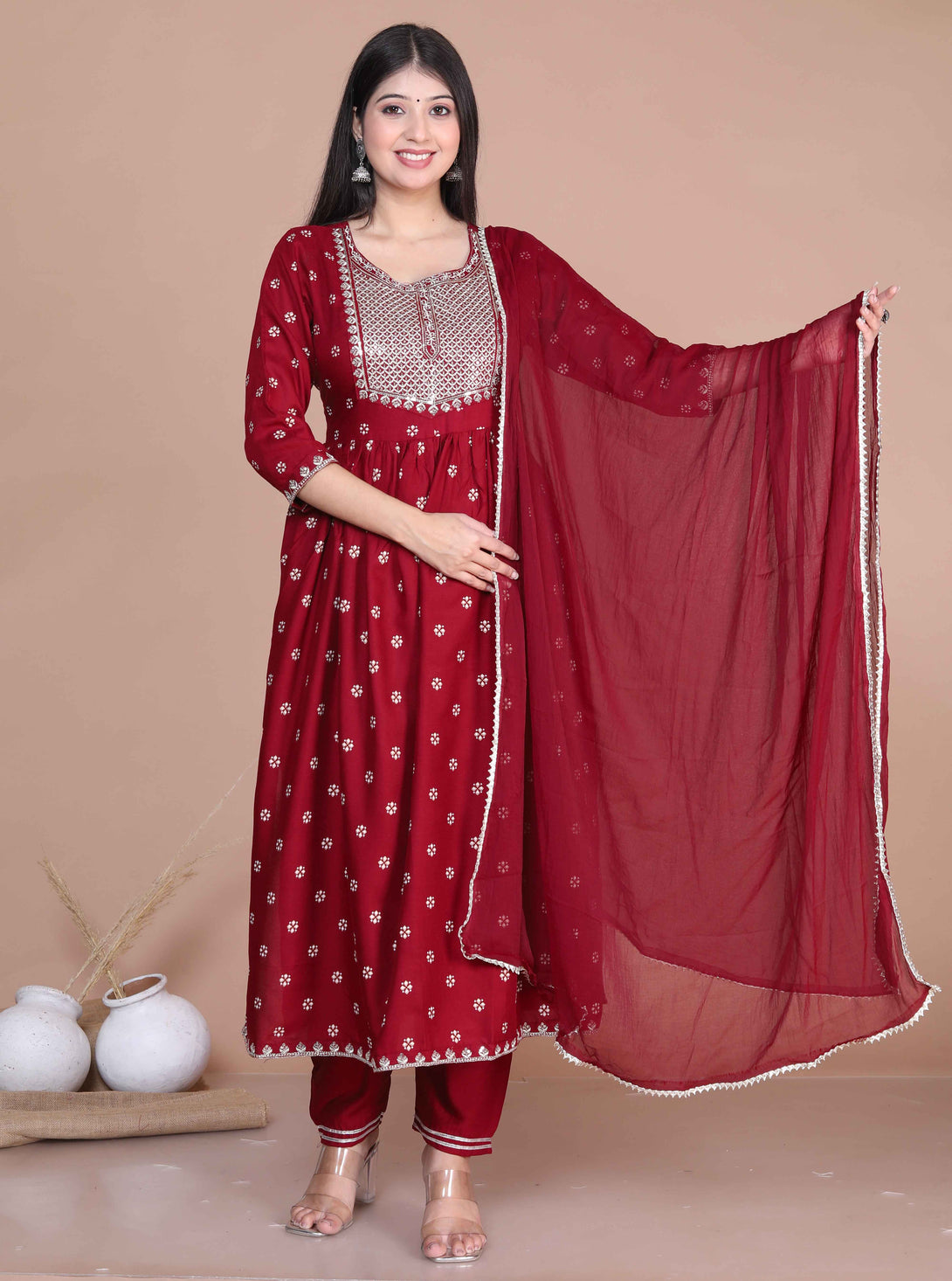 Women's Rayon Red Emballished Pakistani Nayra Kurta With Palazzo & Dupatta Set - Miravan