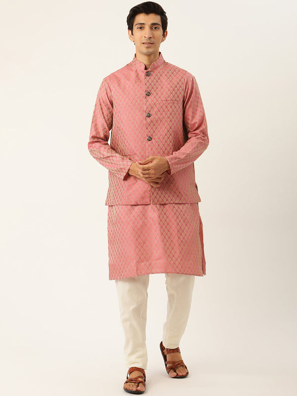 Sojanya Men's Jacquard Silk Pink Kurta & Nehrujacket With Off White Pyjama Combo - Sojanya