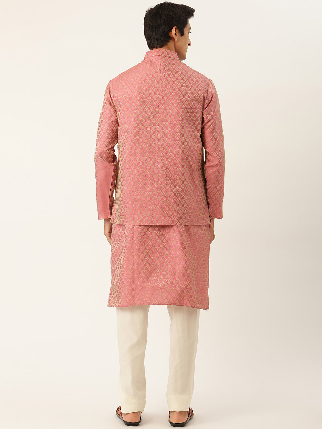 Sojanya Men's Jacquard Silk Pink Kurta & Nehrujacket With Off White Pyjama Combo - Sojanya