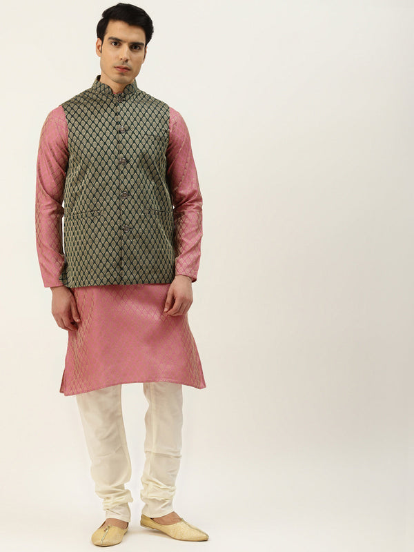 Sojanya Men's Silk Blend Pink Kurta & Darkgreen Nehrujacket With Offwhite Pyjama Combo - Sojanya