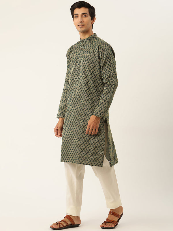 Sojanya Men's Jacquard Silk Darkgreen Kurta & Nehrujacket With Off White Pyjama Combo - Sojanya