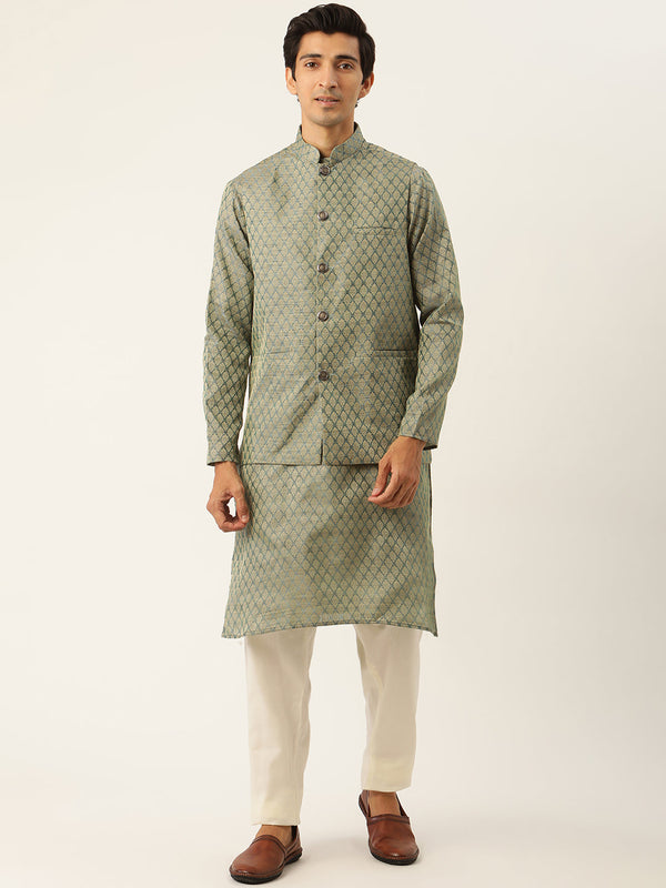 Sojanya Men's Jacquard Silk Tealgreen Kurta & Nehrujacket With Off White Pyjama Combo - Sojanya