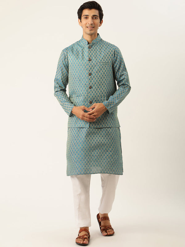 Sojanya Men's Jacquard Silk Peacockblue Kurta & Nehrujacket With Off White Pyjama Combo - Sojanya