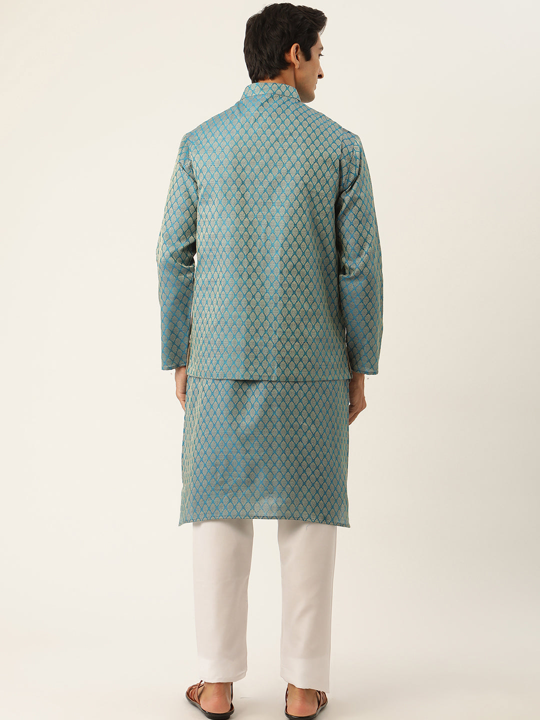 Sojanya Men's Jacquard Silk Peacockblue Kurta & Nehrujacket With Off White Pyjama Combo - Sojanya