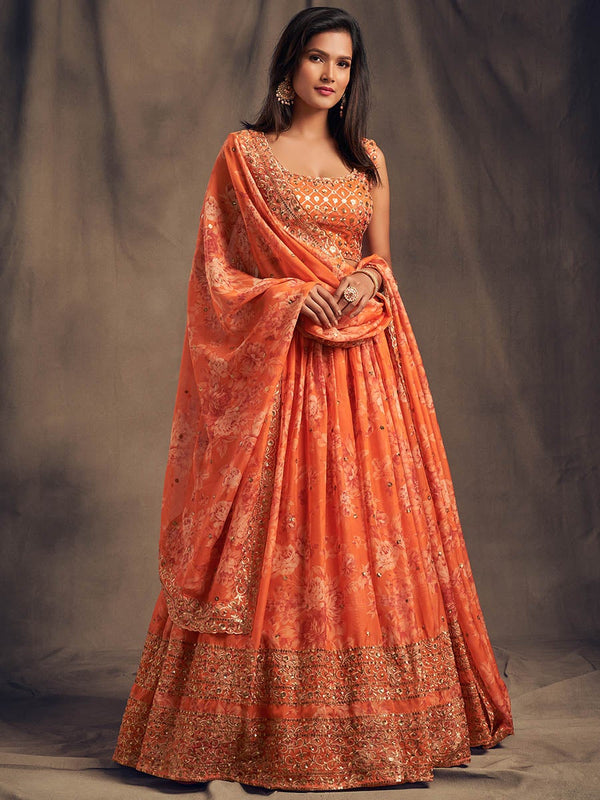 Women's Orange Organza Silk Embroidered Lehenga-Myracouture