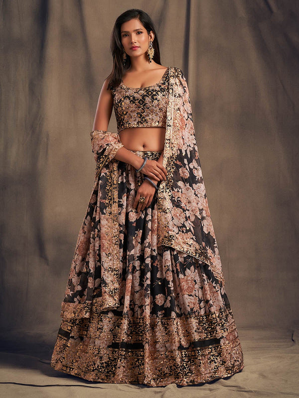 Women's Black Organza Silk Embroidered Lehenga-Myracouture