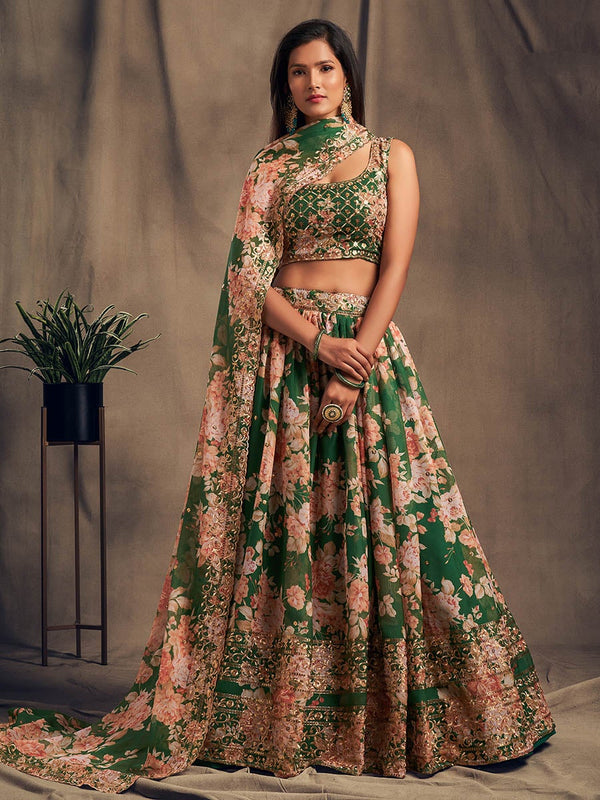 Women's Green Organza Silk Embroidered Lehenga-Myracouture