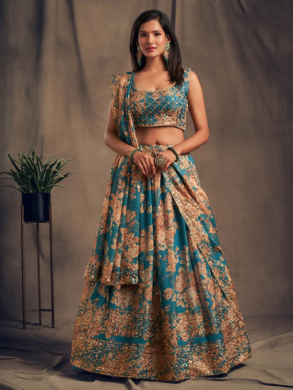 Women's Teal Blue Organza Silk Embroidered Lehenga-Myracouture