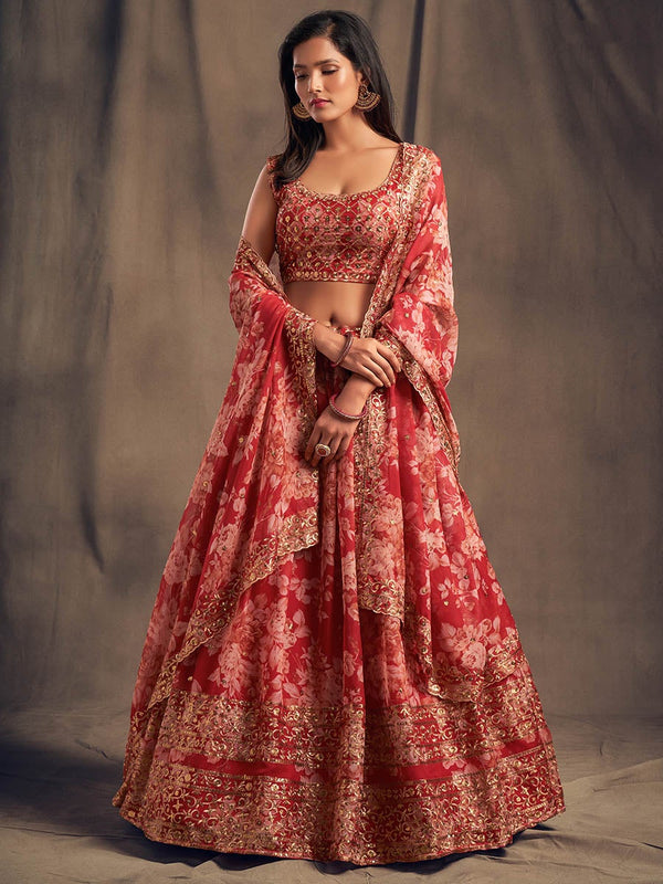 Women's Red Organza Silk Embroidered Lehenga-Myracouture