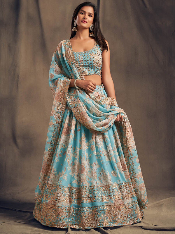 Women's Sky Blue Organza Silk Embroidered Lehenga-Myracouture