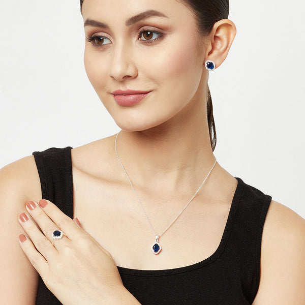 Women's Round Cut Sapphire Sterling Silver Pendant Set - Voylla