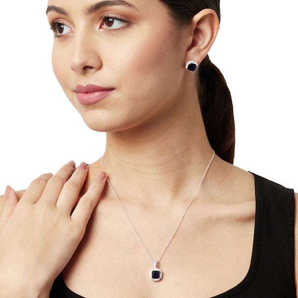 Women's 925 Sterling Silver Blue Cz Square Milgrain Pendant Set - Voylla