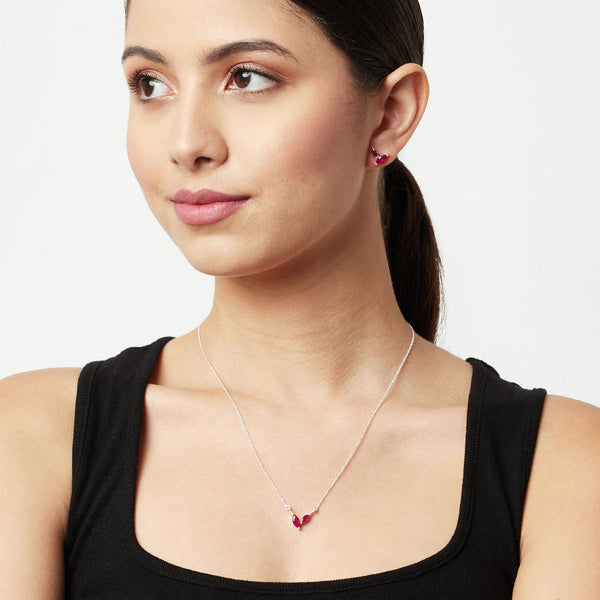 Women's Ruby Marquise Cz Pendant Set And Stud Earrings - Voylla