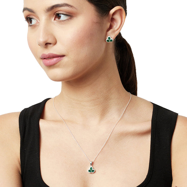 Women's 3 Petal Emerald Coloured Cz 925 Sterling Silver Pendant Set - Voylla