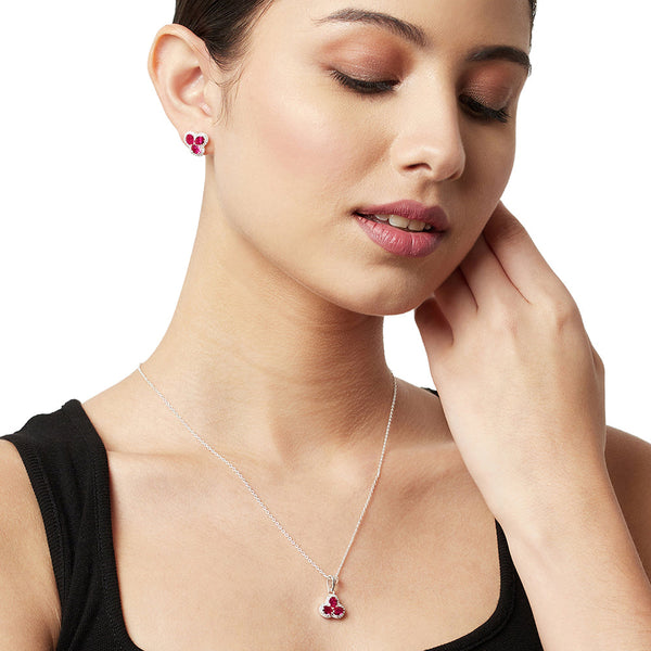 Women's 3 Petal Ruby Coloured Cz 925 Sterling Silver Pendant Set - Voylla