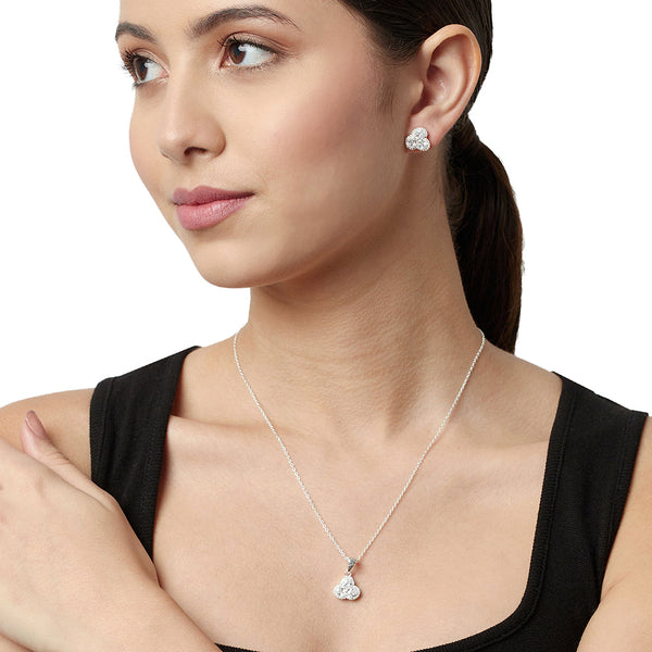 Women's 3 Petal Silver Coloured Cz 925 Sterling Silver Pendant Set - Voylla