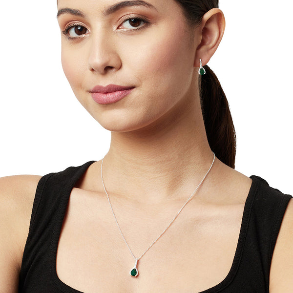 Women's Eclectica Emerald Drop Earrings And Pendant 925 Sterling Silver Set - Voylla