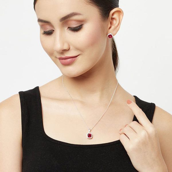 Women's Cushion Setting Square Cut Ruby 925 Sterling Silver Pendant Set - Voylla