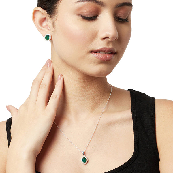 Women's Emerald Floating Stone 925 Sterling Silver Pendant Set - Voylla