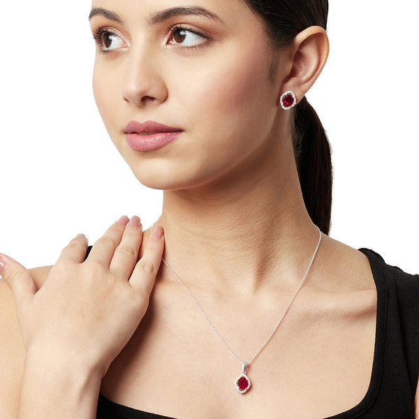 Women's Ruby Floating Stone 925 Sterling Silver Pendant Set - Voylla