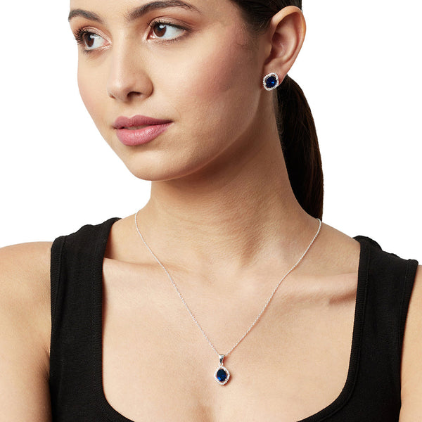 Women's Sapphire Floating Stone 925 Sterling Silver Pendant Set - Voylla