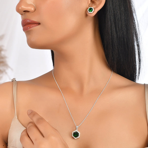 Women's Four Prong Setting Round Cut Emerald Adorned 925 Sterling Silver Pendant Set - Voylla