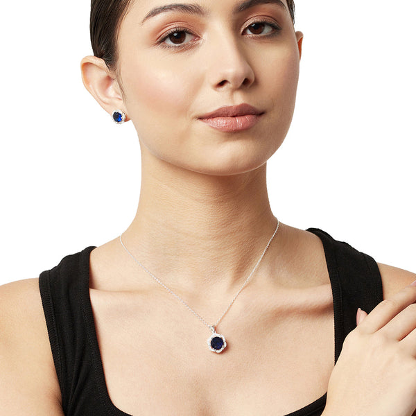 Women's Blue Hexagonal Cz Surrounded 925 Sterling Silver Pendant Set - Voylla