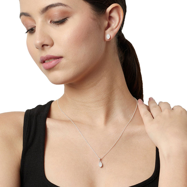 Women's Casual Oval Cz Pendant Necklace And Earring 925 Sterling Silver Set - Voylla