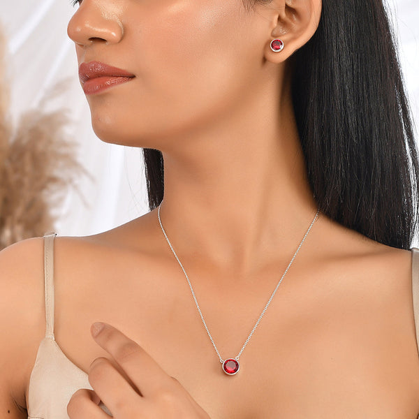 Women's Red Stone Studded Sparkling Silver Pendant Set - Voylla