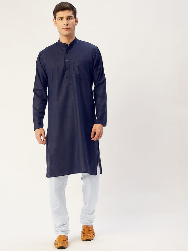 Men's Navy Cotton Solid Kurta Payjama Sets ( JOKP 611 Navy ) - Virat Fashions