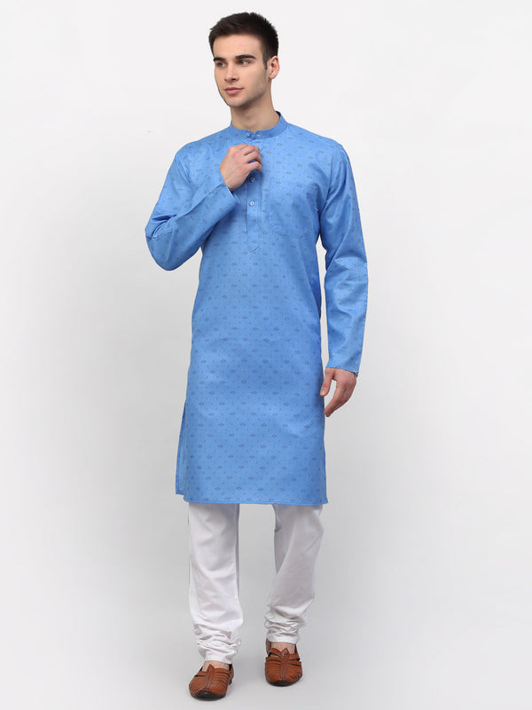 Men's Sky Printed Cotton Kurta Payjama Sets ( JOKP 614 Sky ) - Virat Fashions