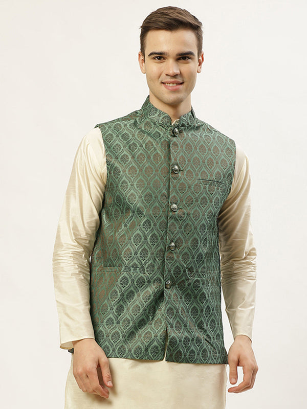 Jashvi Men's Green Self-Designed Waistcoat