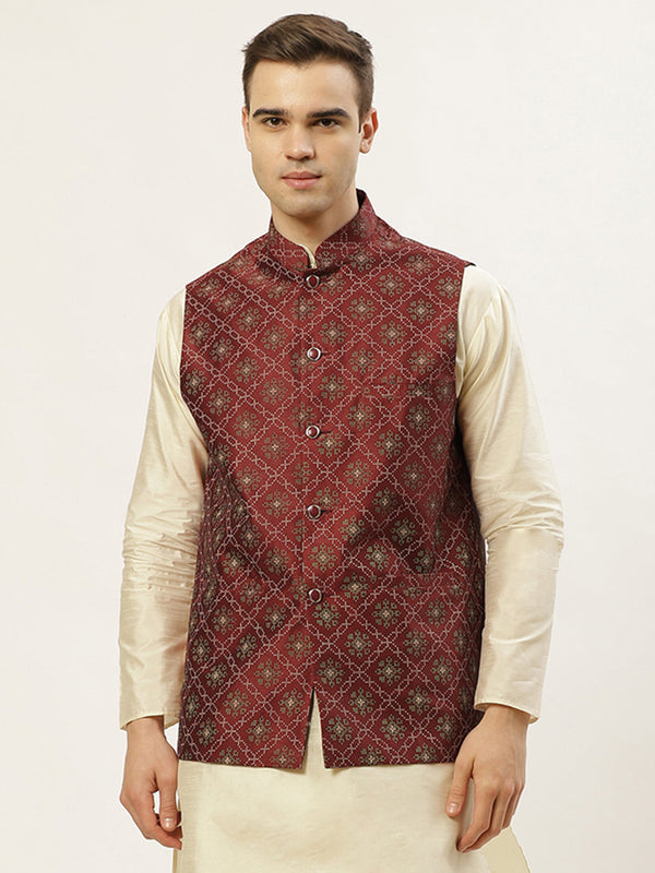 Jashvi Men's Maroon Printed Nehru Jacket