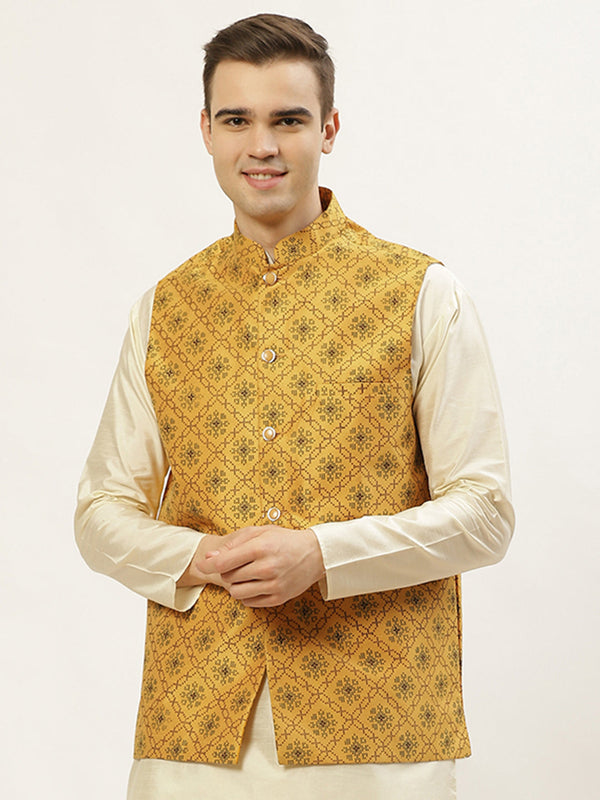 Jashvi Men's Mustard Printed Nehru Jacket